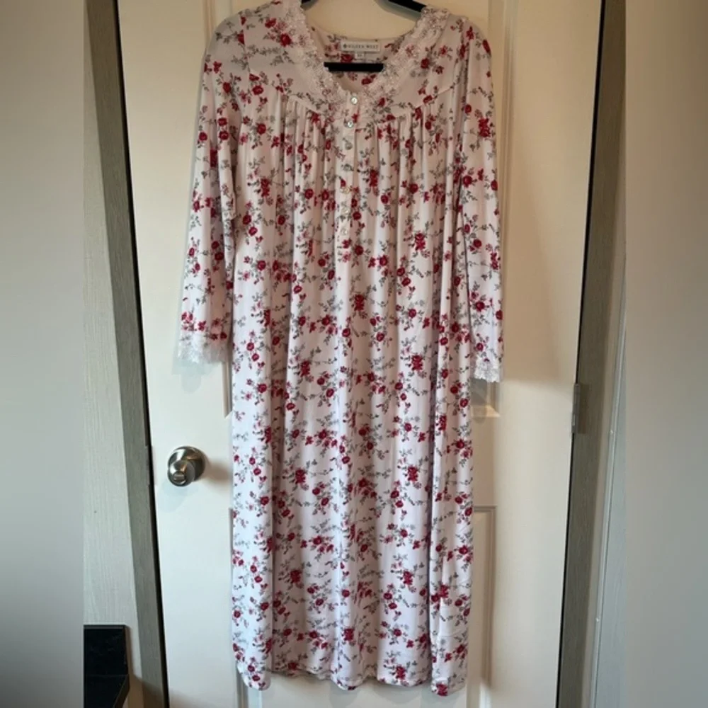 EILEEN WEST Multi Floral Soft Midi NIGHTGOWN XS Lace Trim Cottagecore